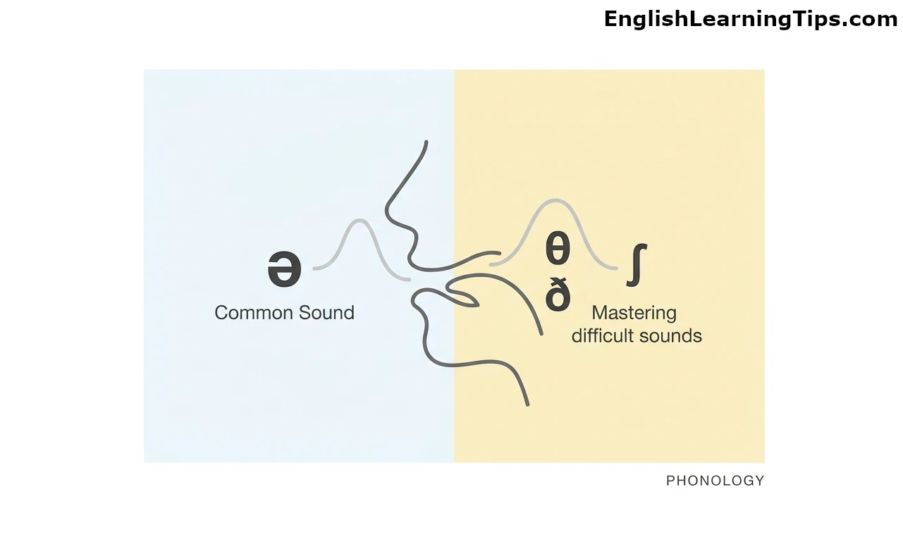 Minimalist line art of a human profile showing speech sounds with IPA symbols like the schwa and dental fricatives.