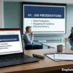 A professional boardroom setting with a laptop showing a presentation slide about job presentations, slide preparation, and engaging the audience for ESL learners.