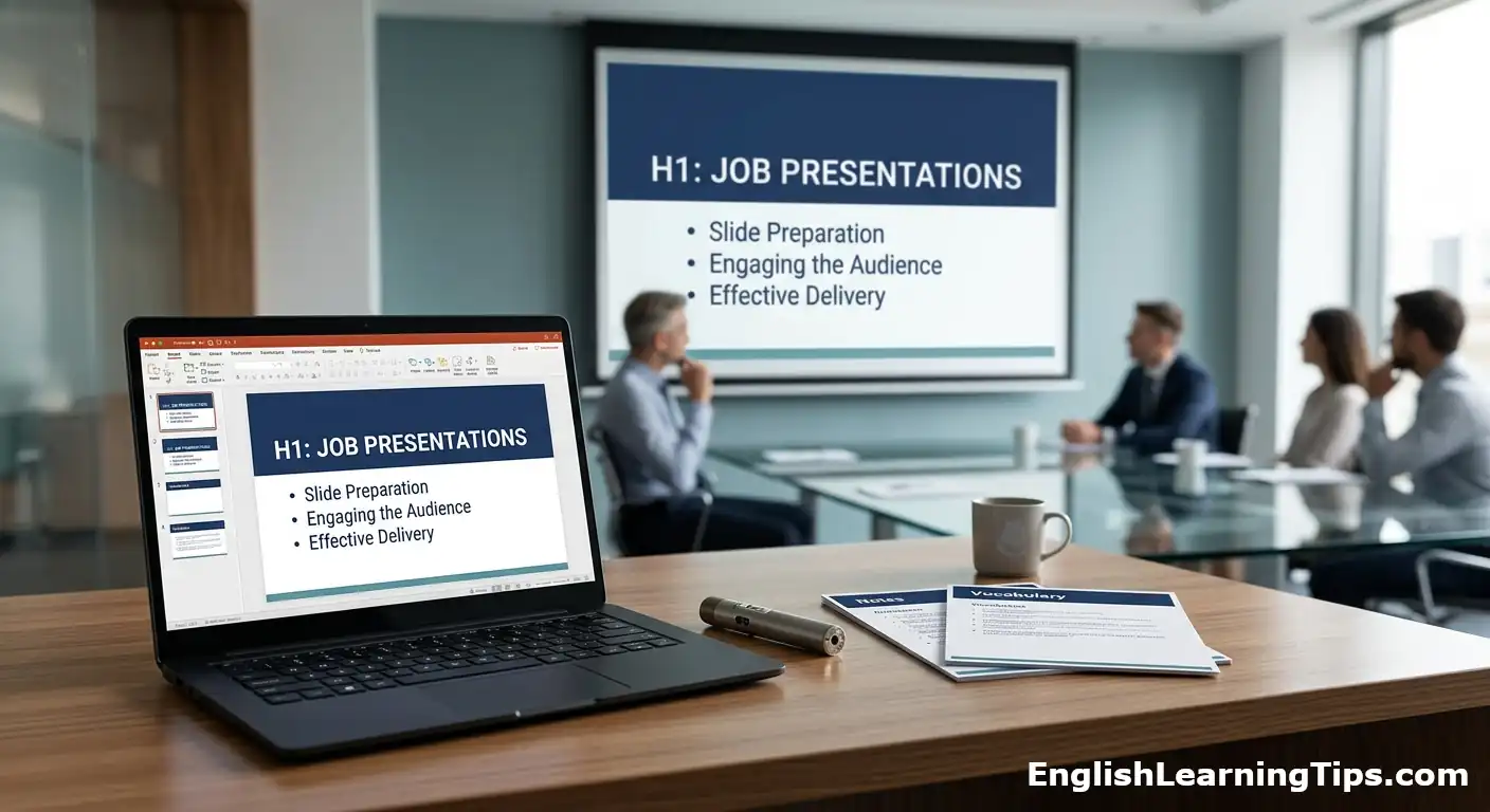 A professional boardroom setting with a laptop showing a presentation slide about job presentations, slide preparation, and engaging the audience for ESL learners.