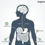 A minimalistic infographic showing the bidirectional link between the human brain and the gut microbiota via the vagus nerve.