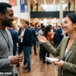 A woman smiling and gesturing while politely ending a conversation with a man at a busy professional networking event.