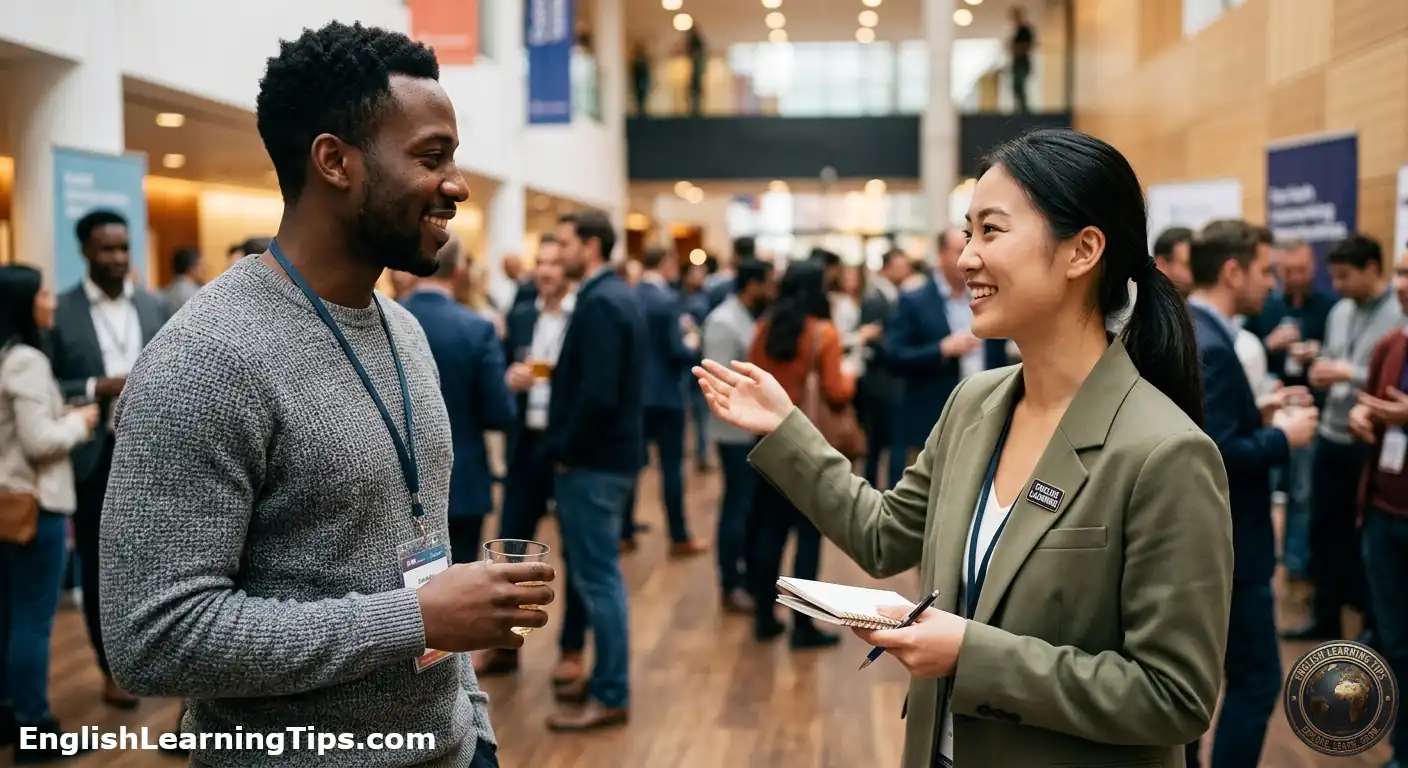 A woman smiling and gesturing while politely ending a conversation with a man at a busy professional networking event.