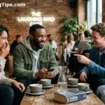 A group of friends laughing at a table in a British cafe, representing successful social bonding through sarcasm and wit in English.