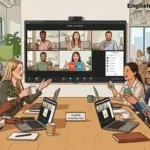 A diverse team in a hybrid office using a video screen and laptops to participate in a "show and tell" icebreaker activity.