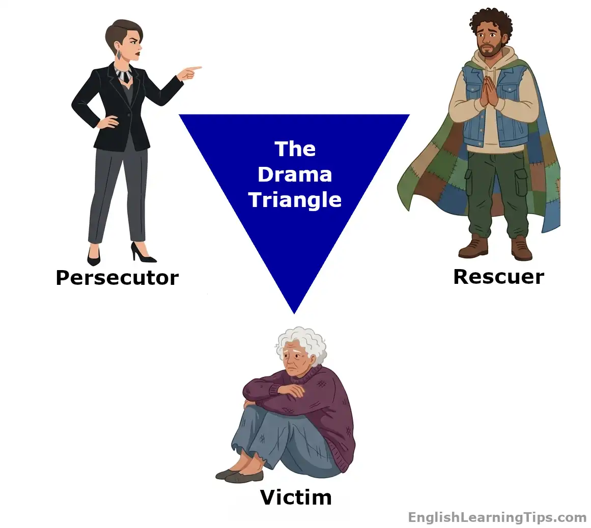 A diagram of the Karpman drama triangle showing the three psychological roles: a pointing Persecutor, a caped Rescuer, and a sitting Victim.