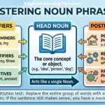 An educational infographic explaining noun phrase structure, including premodifiers like determiners and adjectives, the head noun, and postmodifiers like prepositional phrases and relative clauses.