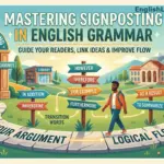 An illustration showing a path through a university campus with road signs featuring transition words like "however," "therefore," and "furthermore" to represent logical flow in writing.