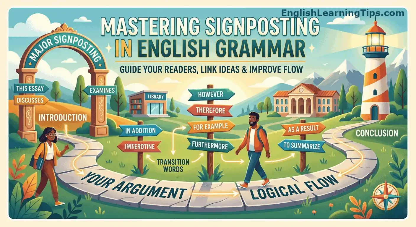 An illustration showing a path through a university campus with road signs featuring transition words like "however," "therefore," and "furthermore" to represent logical flow in writing.