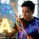 A student visualizing synesthesia through glowing musical notes and a luminous letter A representing cross-wired sensory perception in the brain.