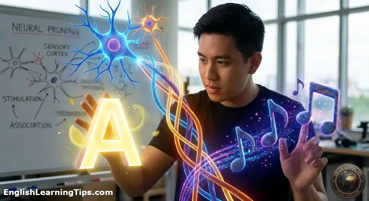 A student visualizing synesthesia through glowing musical notes and a luminous letter A representing cross-wired sensory perception in the brain.