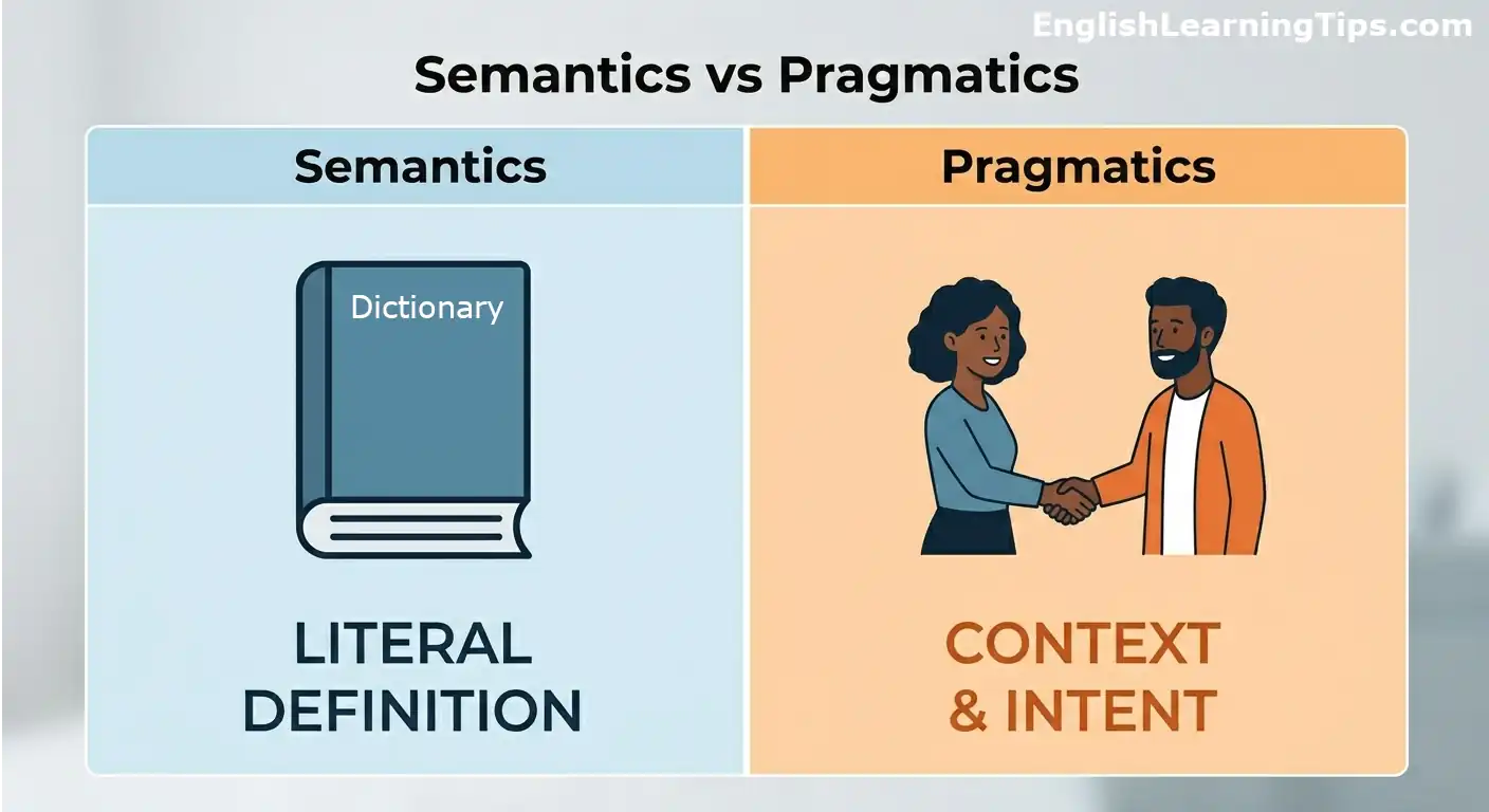 A split-screen illustration comparing semantics and pragmatics with a dictionary icon for literal definitions and people interacting for context and intent.