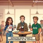Three people representing the US, UK, and Australia chatting in a cafe to demonstrate international small talk etiquette.