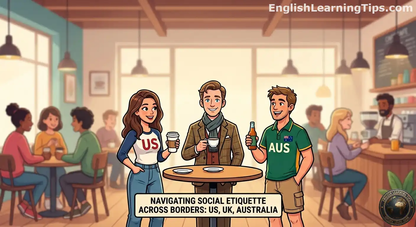Three people representing the US, UK, and Australia chatting in a cafe to demonstrate international small talk etiquette.