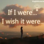 A woman standing under a cloud with the text If I were and I wish it were, illustrating the subjunctive mood in English grammar.