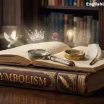 An open antique book on a wooden desk with glowing symbols like a dove, crown, and lightbulb floating above the pages in a library.