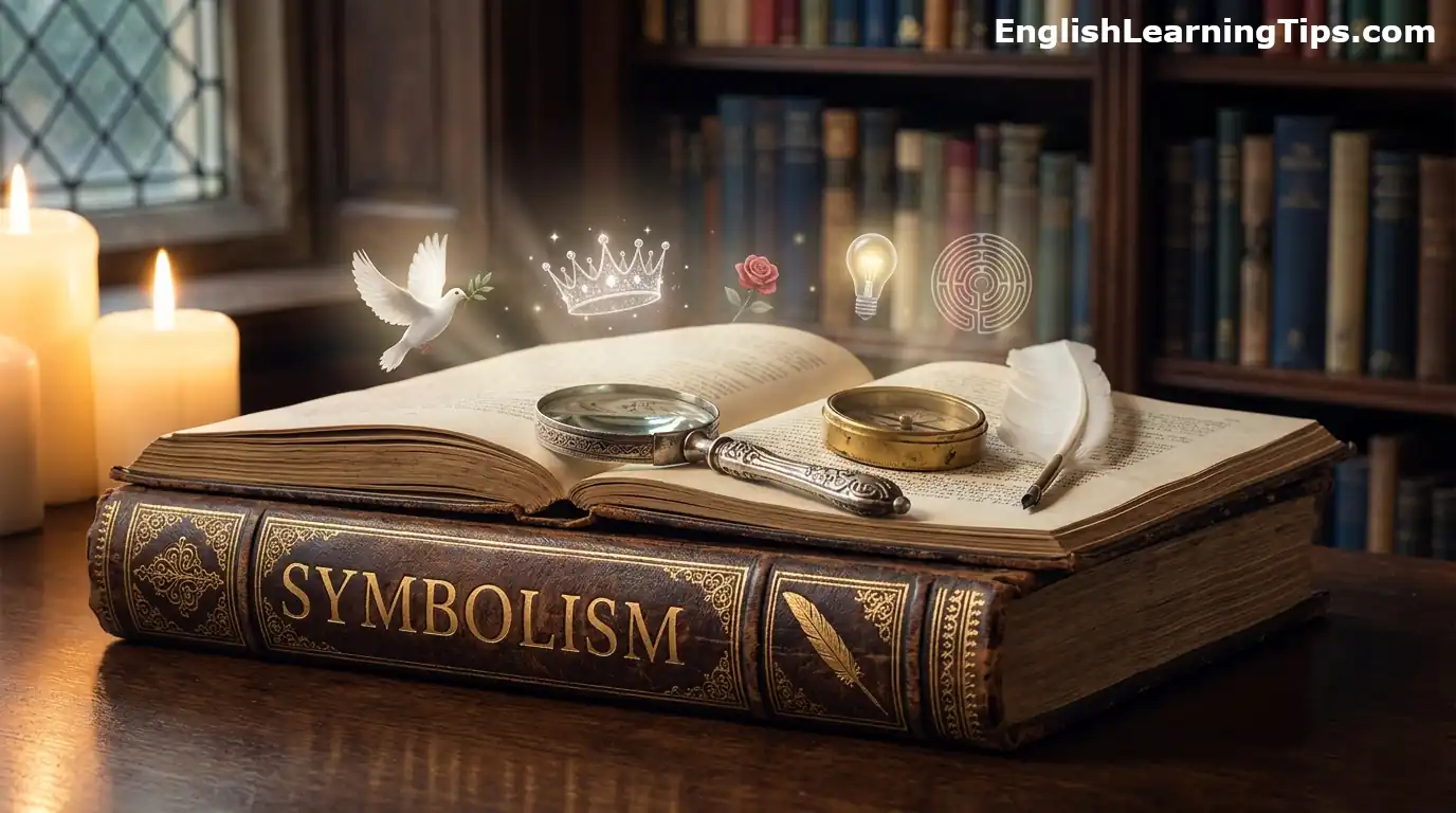 An open antique book on a wooden desk with glowing symbols like a dove, crown, and lightbulb floating above the pages in a library.