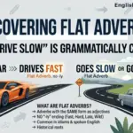An educational infographic explaining flat adverbs with examples like "a fast car" versus "drives fast" and "goes slow" versus "goes slowly."