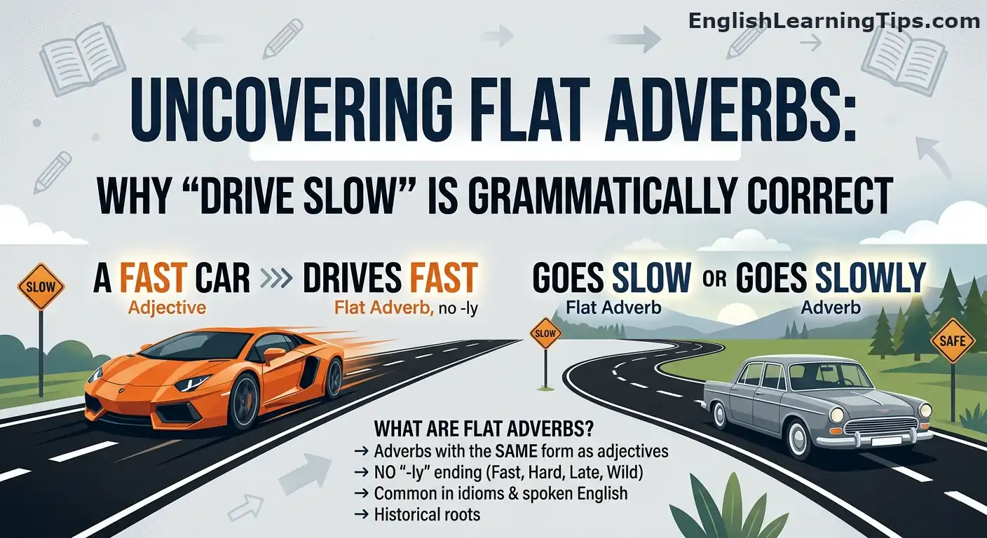An educational infographic explaining flat adverbs with examples like "a fast car" versus "drives fast" and "goes slow" versus "goes slowly."