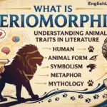 An educational infographic explaining theriomorphism featuring a Greek writer, a lion, and an Egyptian Anubis statue to illustrate animal traits in writing.