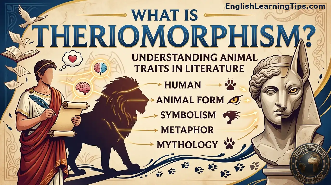An educational infographic explaining theriomorphism featuring a Greek writer, a lion, and an Egyptian Anubis statue to illustrate animal traits in writing.