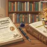 A cartoon illustration of a lion's head emerging from an open book on a library desk, representing zoomorphism in English grammar.