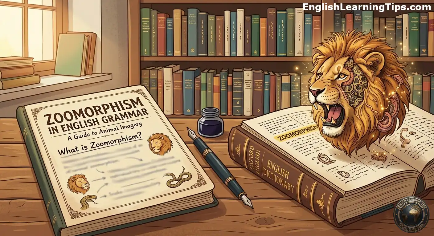 A cartoon illustration of a lion's head emerging from an open book on a library desk, representing zoomorphism in English grammar.