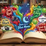 An open book with colorful splashes depicting various English color idioms like "see red" and "once in a blue moon."