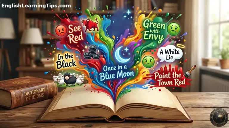 An open book with colorful splashes depicting various English color idioms like "see red" and "once in a blue moon."