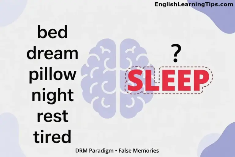 Graphic showing a word list with bed, dream, pillow, night, rest, and tired next to a brain illustration with the word sleep questioned as a false memory critical lure.