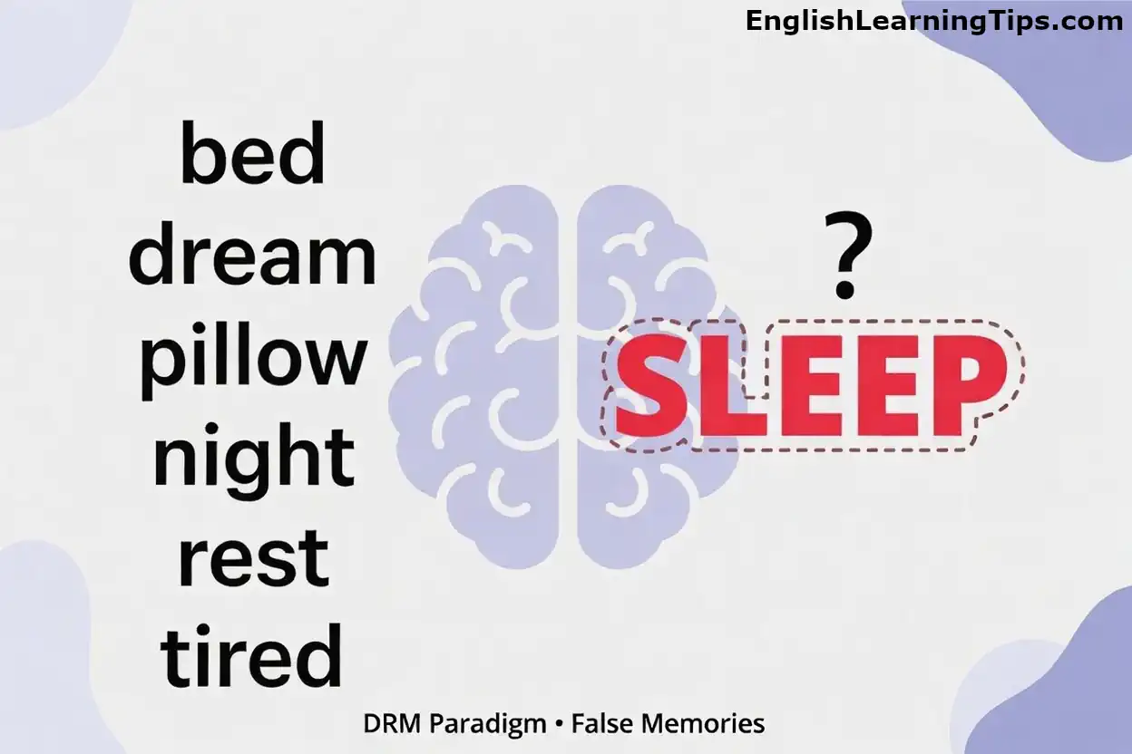 Graphic showing a word list with bed, dream, pillow, night, rest, and tired next to a brain illustration with the word sleep questioned as a false memory critical lure.