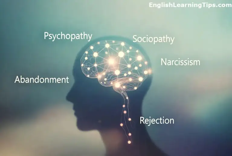 Profile of a human head with a glowing brain network surrounded by psychology terms like psychopathy, sociopathy, and narcissism.