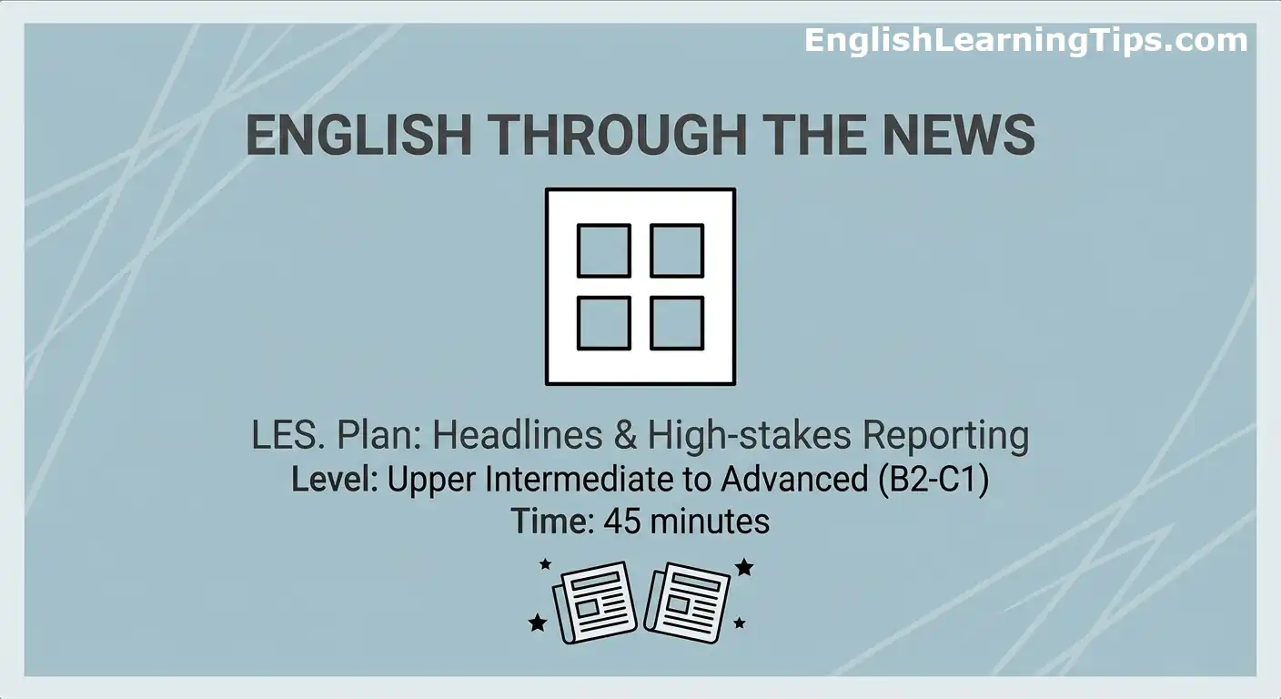 A minimalistic graphic for an English lesson plan titled English Through the News focusing on headlines and high-stakes reporting.