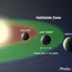 A scientific diagram illustrating the habitable zone around a star, showing three planetary regions labeled too hot, just right, and too cold, with an ideal planet size of one to two times Earth.