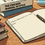 An open notebook with handwritten text saying "Please, please give me a new book!" sitting on a wooden desk next to a stack of books including The Chicago Manual of Style.