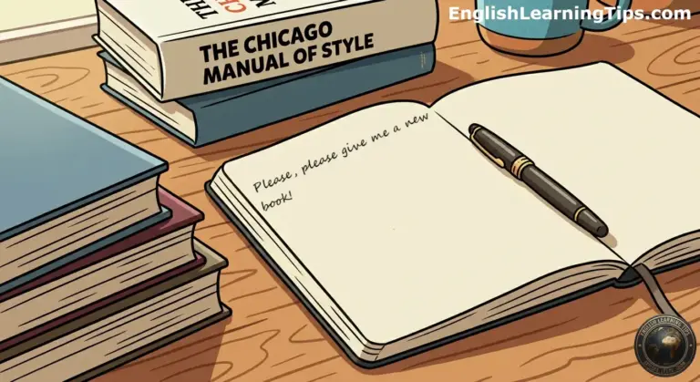 An open notebook with handwritten text saying "Please, please give me a new book!" sitting on a wooden desk next to a stack of books including The Chicago Manual of Style.