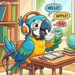 A cartoon parrot wearing a headset practicing the parroting method for English fluency in a study room.