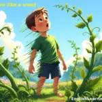 An illustration of a young boy looking up in surprise at tall, fast-growing vines in a garden to demonstrate the English idiom grow like a weed.
