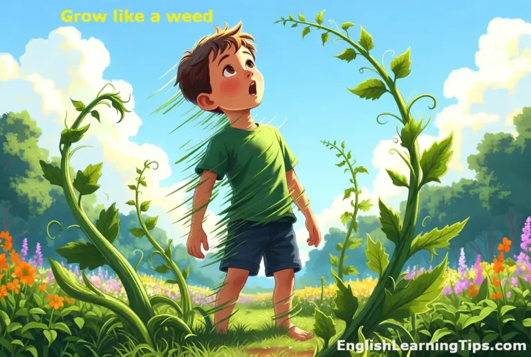 An illustration of a young boy looking up in surprise at tall, fast-growing vines in a garden to demonstrate the English idiom grow like a weed.