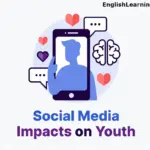 An illustration depicting a smartphone showing a person silhouette surrounded by heart notification icons, speech bubbles, and a human brain icon to represent digital media psychology.