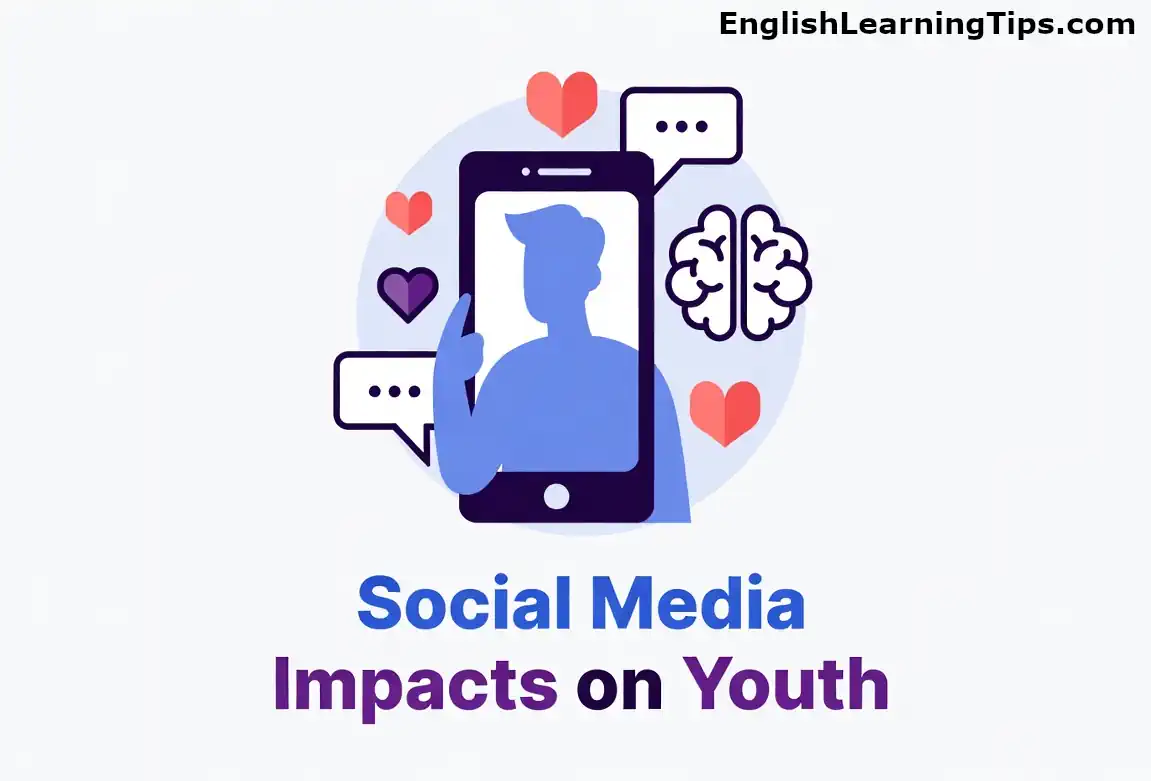 An illustration depicting a smartphone showing a person silhouette surrounded by heart notification icons, speech bubbles, and a human brain icon to represent digital media psychology.
