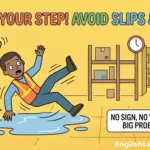 A cartoon of a worker in a safety vest slipping on a blue liquid spill on a warehouse floor without a warning sign.