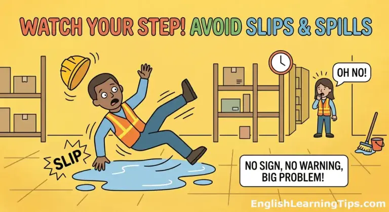 A cartoon of a worker in a safety vest slipping on a blue liquid spill on a warehouse floor without a warning sign.