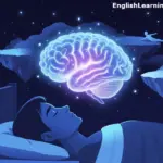 Illustration of a person sleeping in bed with a glowing, detailed brain floating above them, representing an ESL lesson on how lucid dreaming works.