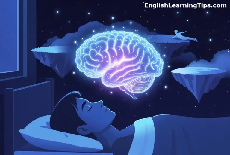 Illustration of a person sleeping in bed with a glowing, detailed brain floating above them, representing an ESL lesson on how lucid dreaming works.