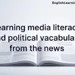 Open newspaper with title "Learning media literacy and political vocabulary from the news" - minimalist featured image for ESL media literacy lesson