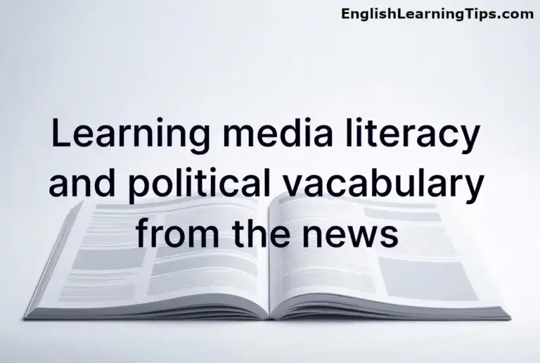 Open newspaper with title "Learning media literacy and political vocabulary from the news" - minimalist featured image for ESL media literacy lesson