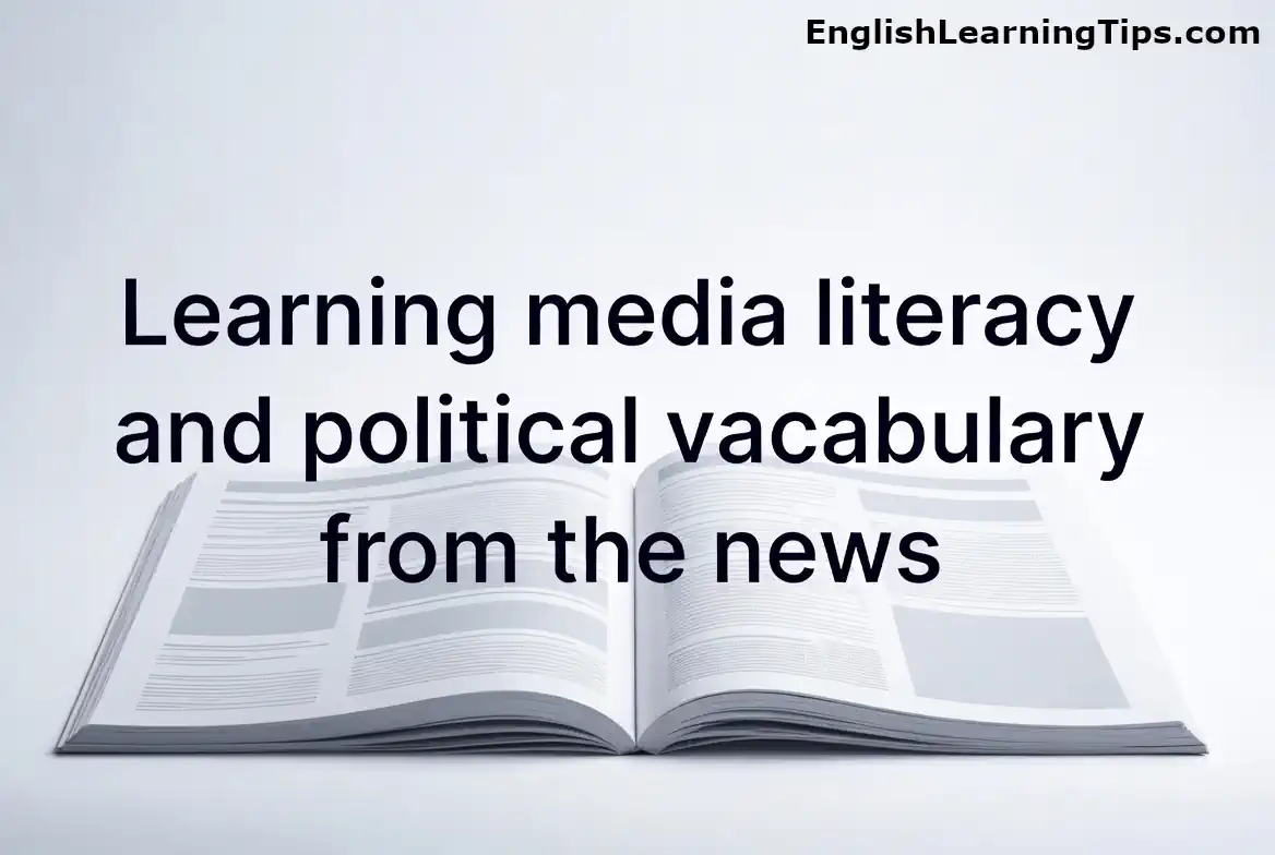 Open newspaper with title "Learning media literacy and political vocabulary from the news" - minimalist featured image for ESL media literacy lesson
