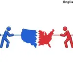 An illustration depicting a political tug of war, showing three blue stick figures and three red stick figures pulling a map of the United States apart in the middle.