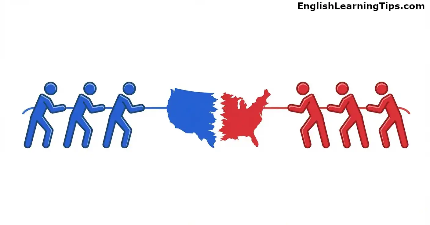 An illustration depicting a political tug of war, showing three blue stick figures and three red stick figures pulling a map of the United States apart in the middle.