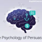 An illustration of a human brain featuring marketing icons like a lightbulb, an anchor, a dollar sign, and a 'Buy Now' speech bubble, with the text 'The Psychology of Persuasion' underneath.